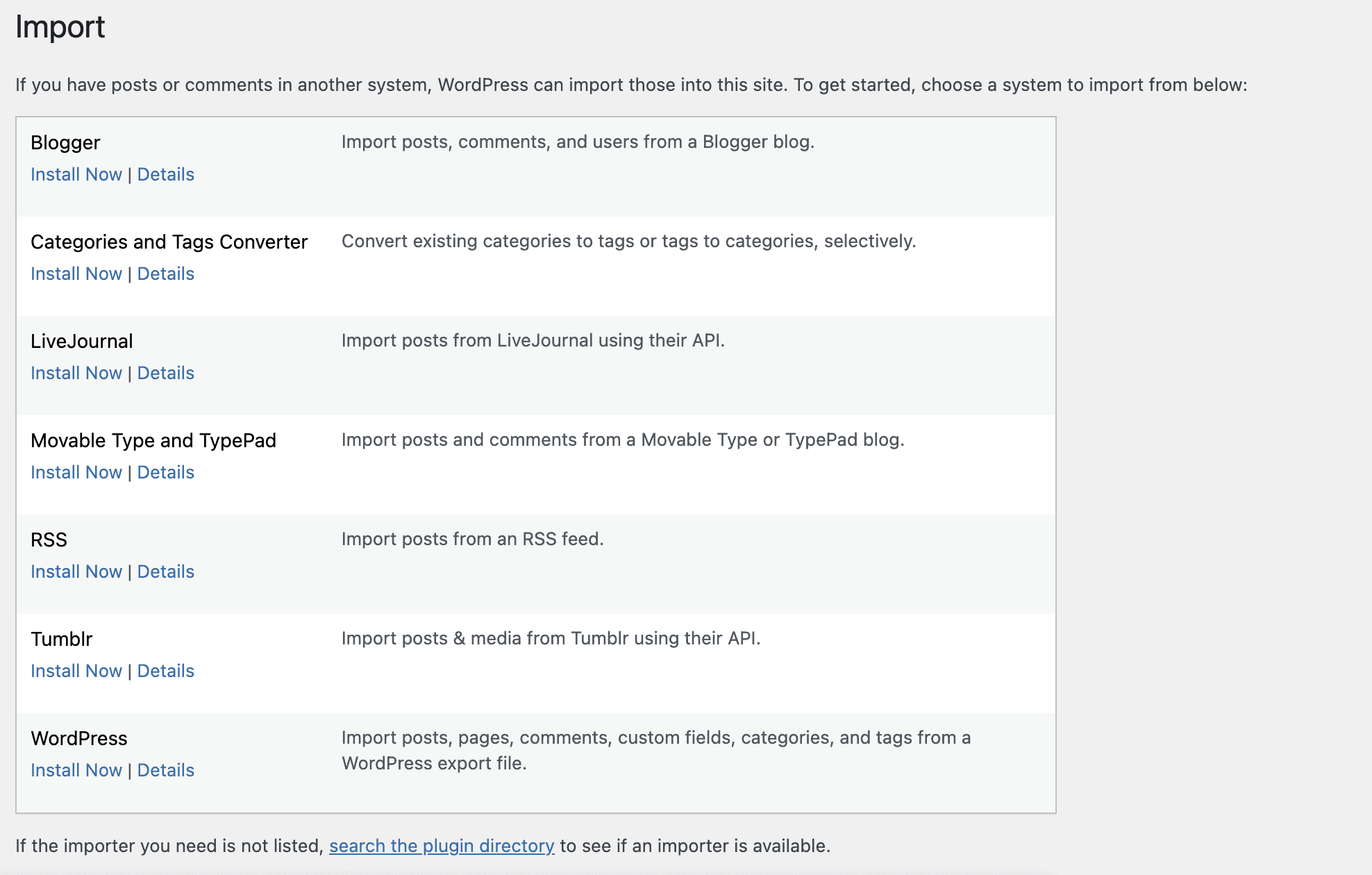 WordPress Import section